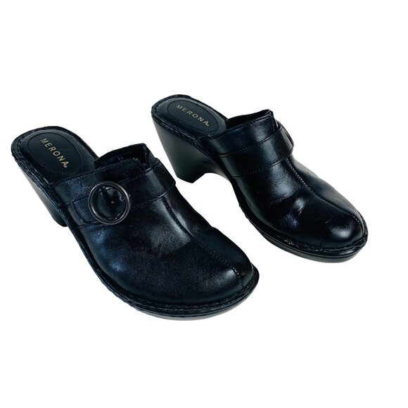 Merona Black Leather Slip-On Wedge Clogs Womens Size 9.5 Featuring Buckle Detail - Picture 12 of 14